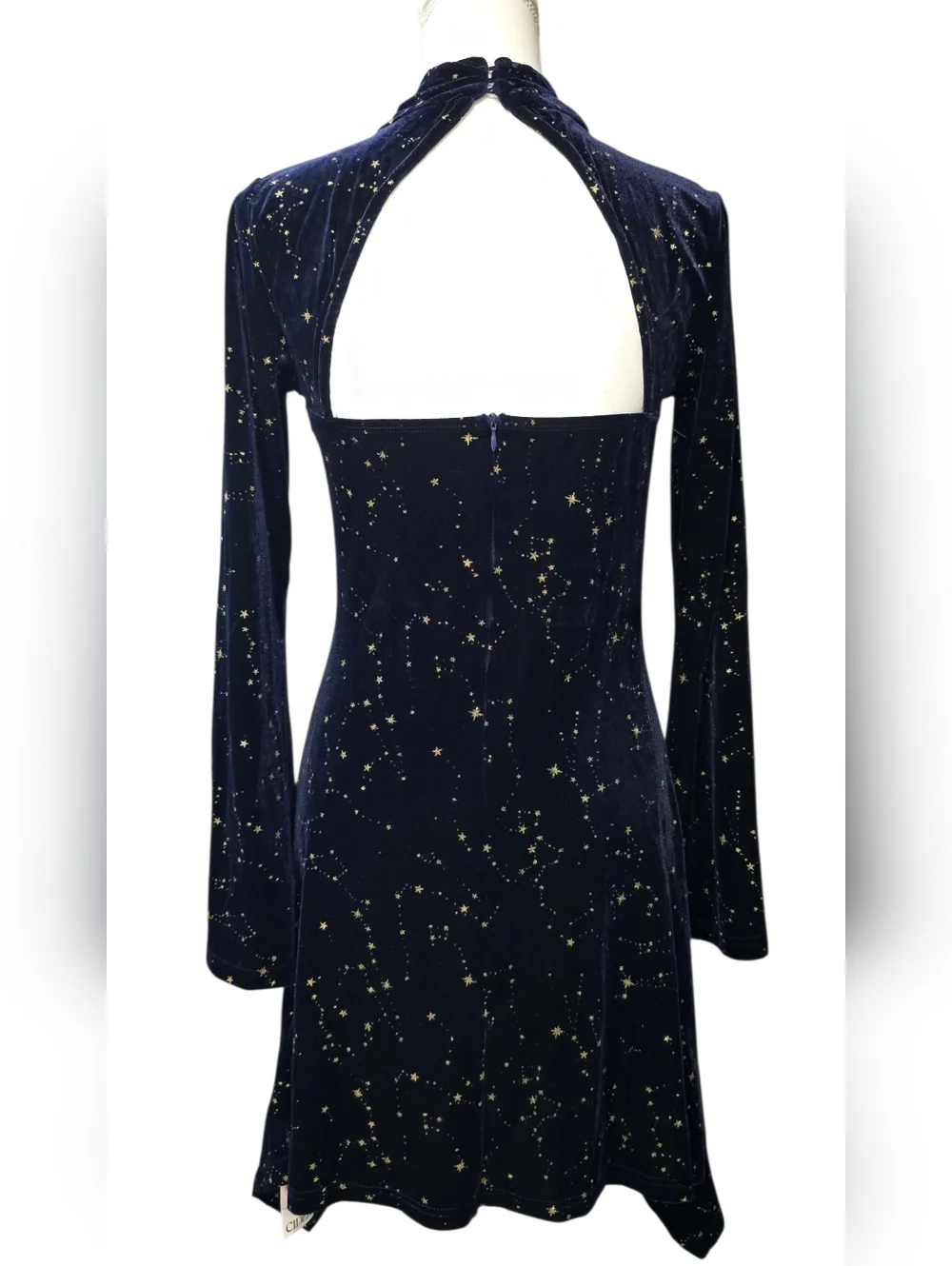 Cider Navy Velvet Star-Print Cutout Long Sleeve Dress - Picture 3 of 11